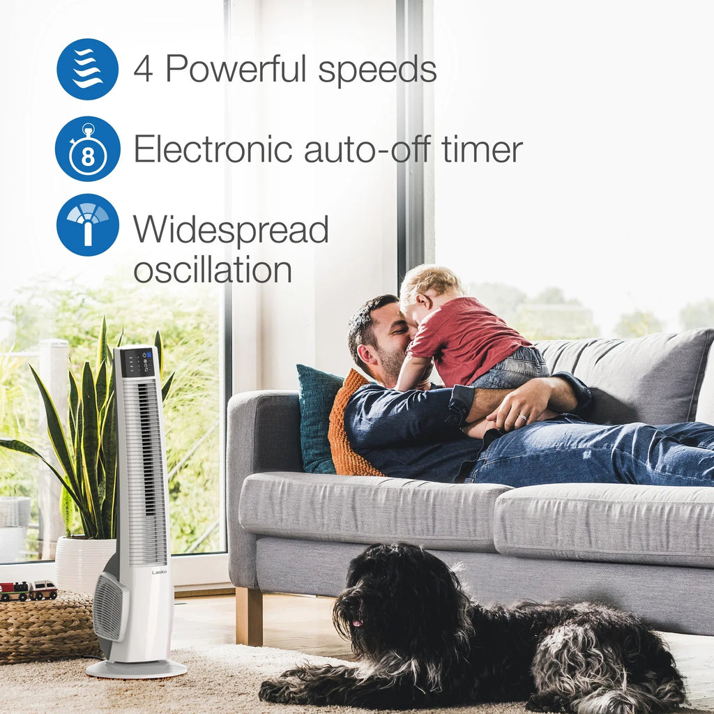 Lasko 39" 4-Speed Oscillating Hybrid Tower Fan with Timer and Remote, White, T38400, New