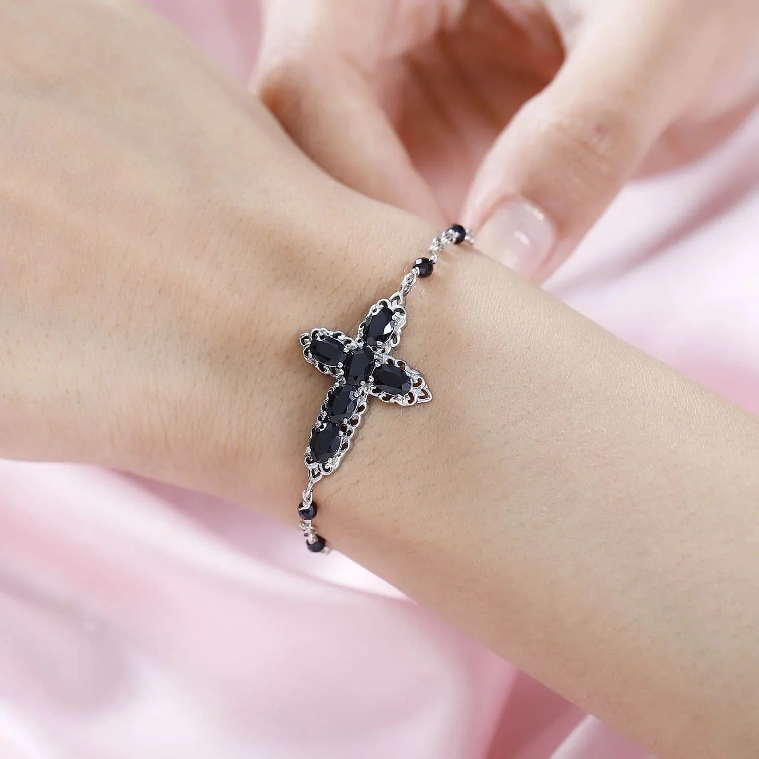Shop LC Black Spinel Oval Platinum Plated Cross Bracelet Women Jewelry Ct 4.79 Mothers Day Gifts Mom