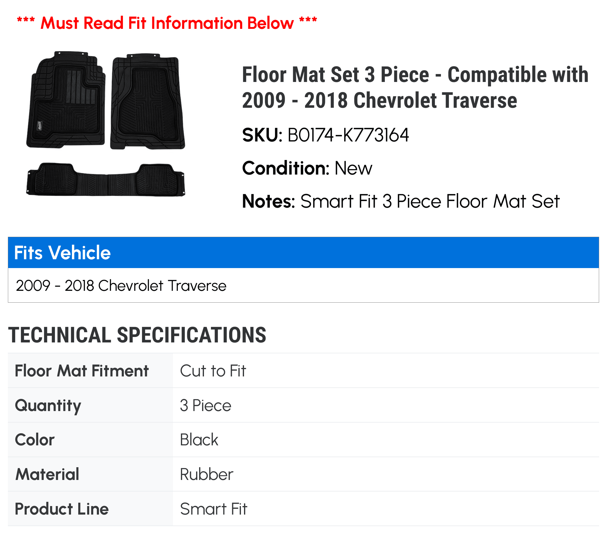 Floor Mat Set 3 Piece - with 2009 - 2018 Chevy Traverse 2010 2011 2012 2013 2014 2015 2016 2017