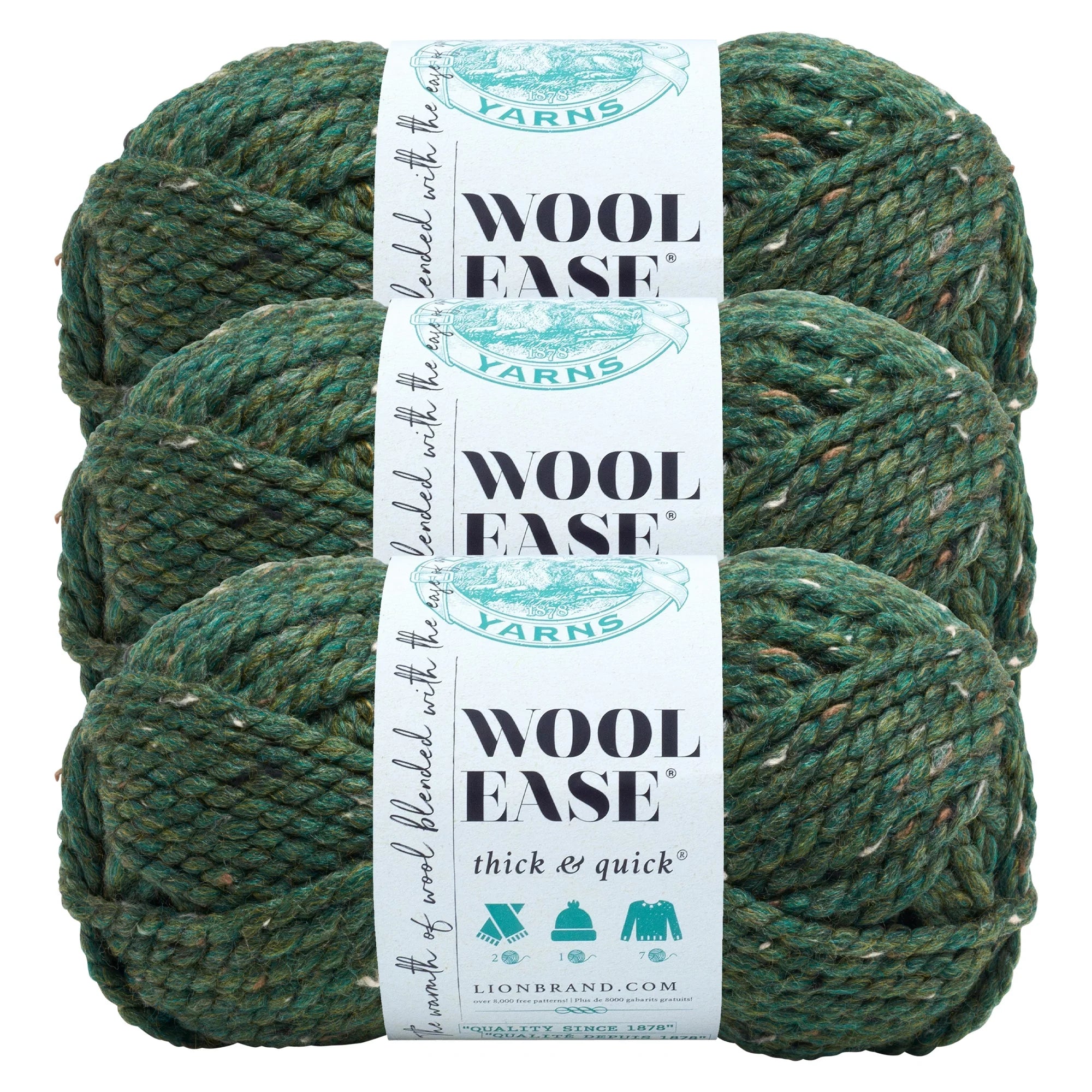 Lion Brand Yarn Wool-Ease Thick & Quick Super Kale Bulky Acrylic, Wool Green Yarn 3 Pack