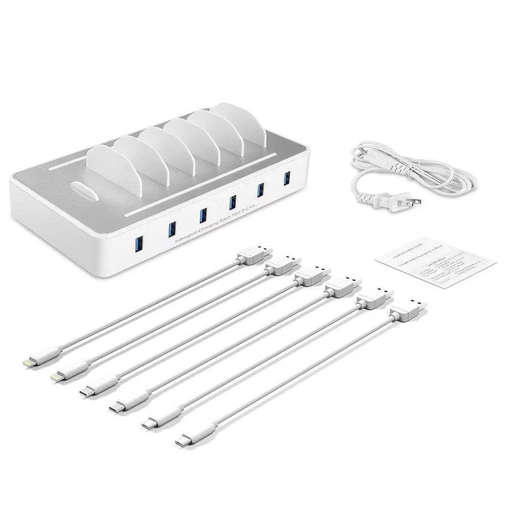 USB Charging Station Multiple Devices - Fast Charging Organizer with 6 USB Ports Dock Cell Phone Apple, Samsung, Android Phone, iPhone