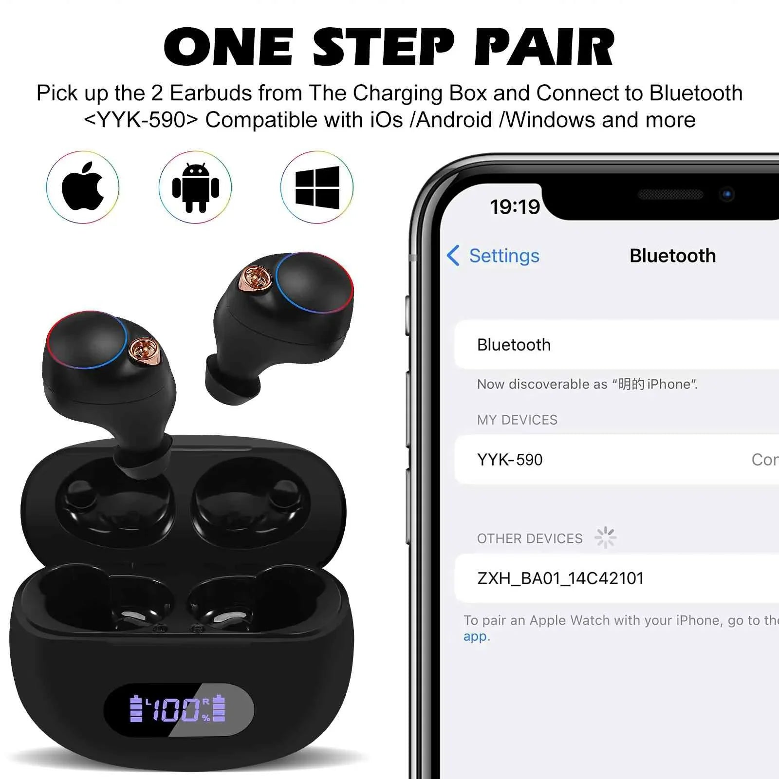 UrbanX True Wireless Bluetooth Earbuds + Charging Case, Black, Dual Connect, IPX5 Water Resistance, Bluetooth 5.2 Connection, Balanced, Bass Boost with Lenovo K5 Pro