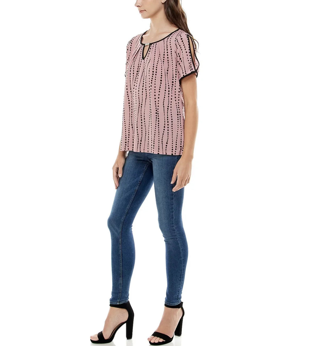 Adrienne Vittadini Women's Keyhole and Contrast Binding Split Sleeve Top Size XL