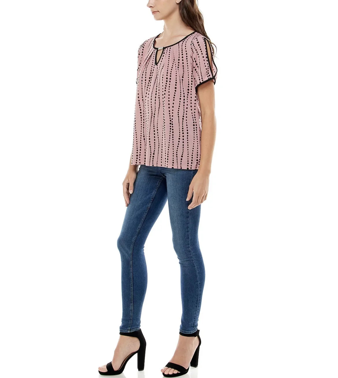 Adrienne Vittadini Women's Keyhole and Contrast Binding Split Sleeve Top Size XL