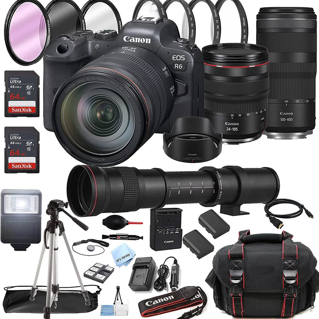 Canon EOS R6 Mirrorless Digital Camera with RF 24-105mm f/4 L is USM Lens + RF 100-400mm is USM Lens + 420-800mm Super Telephoto Lens + 128GB Memory + Case + Tripod + Filters 43pc Bundle
