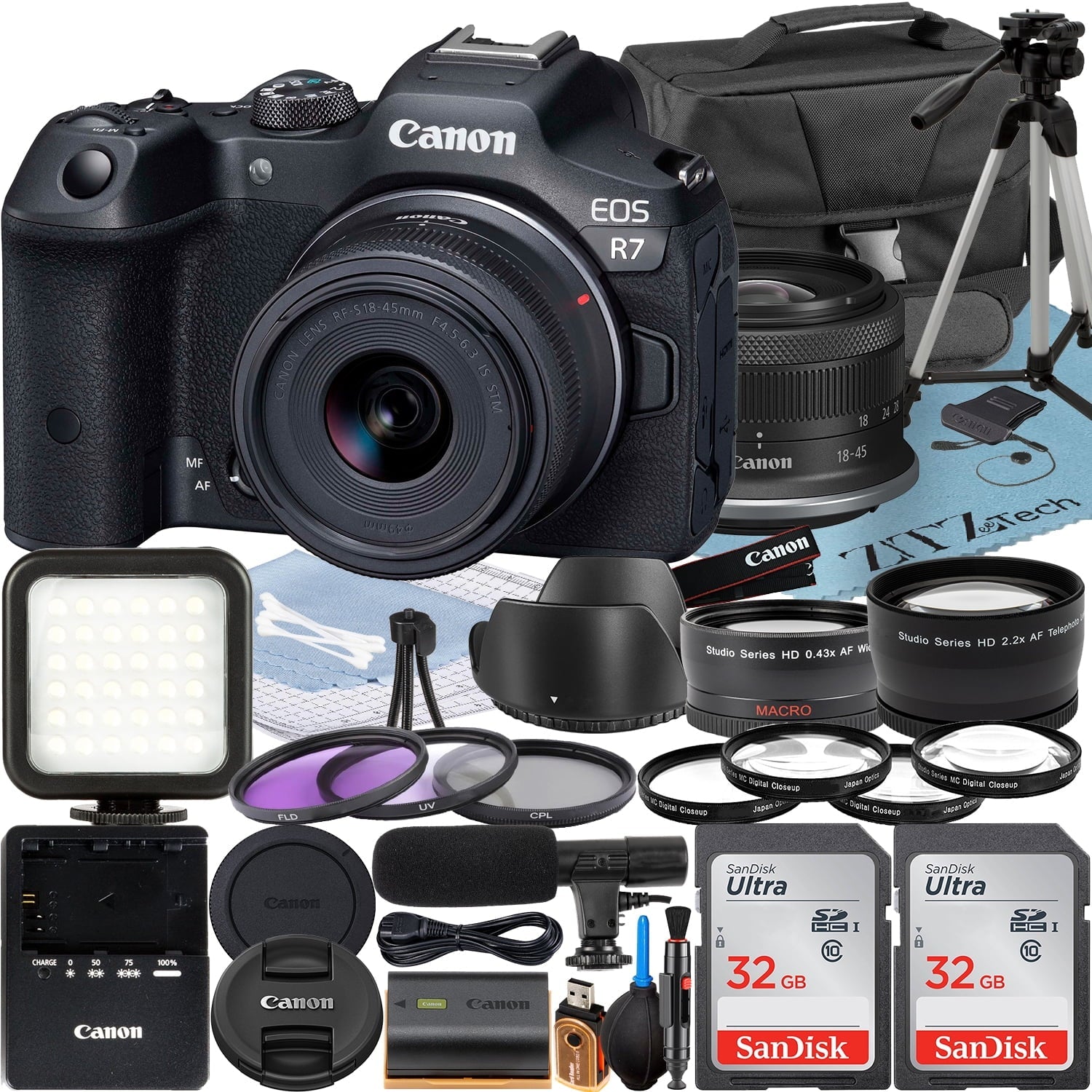 Canon EOS R7 Mirrorless Camera with RF-S 18-45mm Lens + Mount Adapter + 2 Pack SanDisk 32GB Memory Card + Case + ZeeTech Accessory