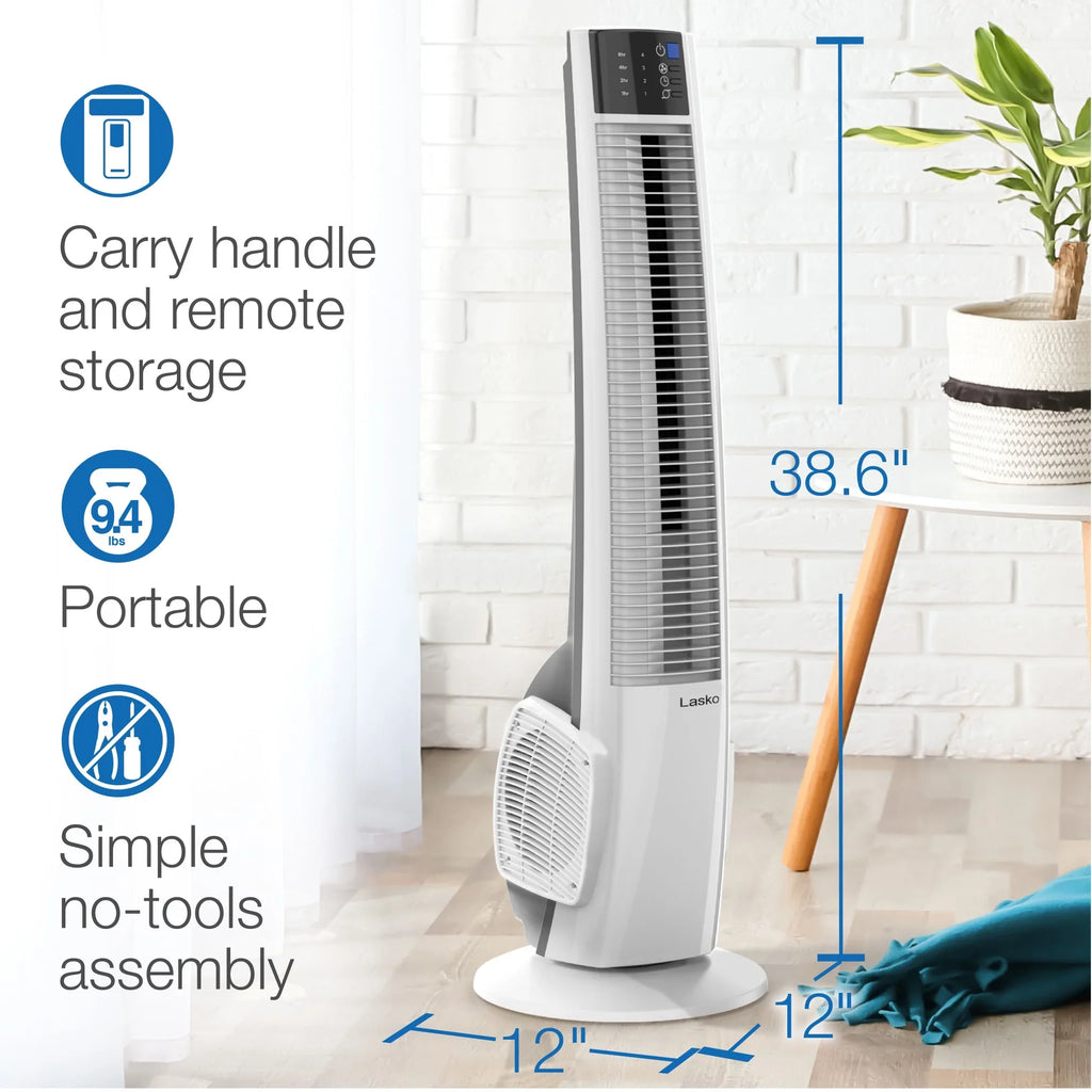 Lasko 39" 4-Speed Oscillating Hybrid Tower Fan with Timer and Remote, White, T38400, New