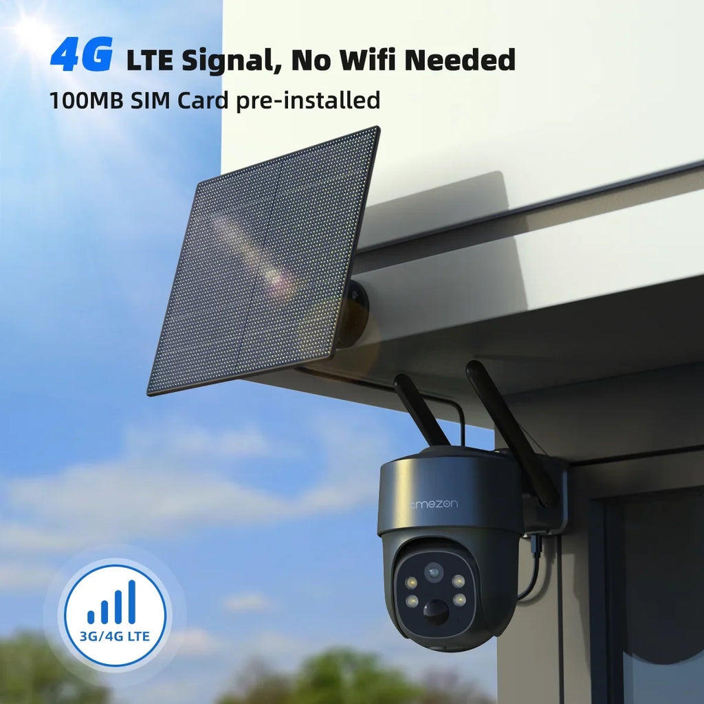 TMEZON 4G LTE Cellular Security Camera Wireless Solar Powered, 3MP WiFi Surveillance Camera with Spotlight Color Night Vision IP66 Waterproof Home Surveillance Camera
