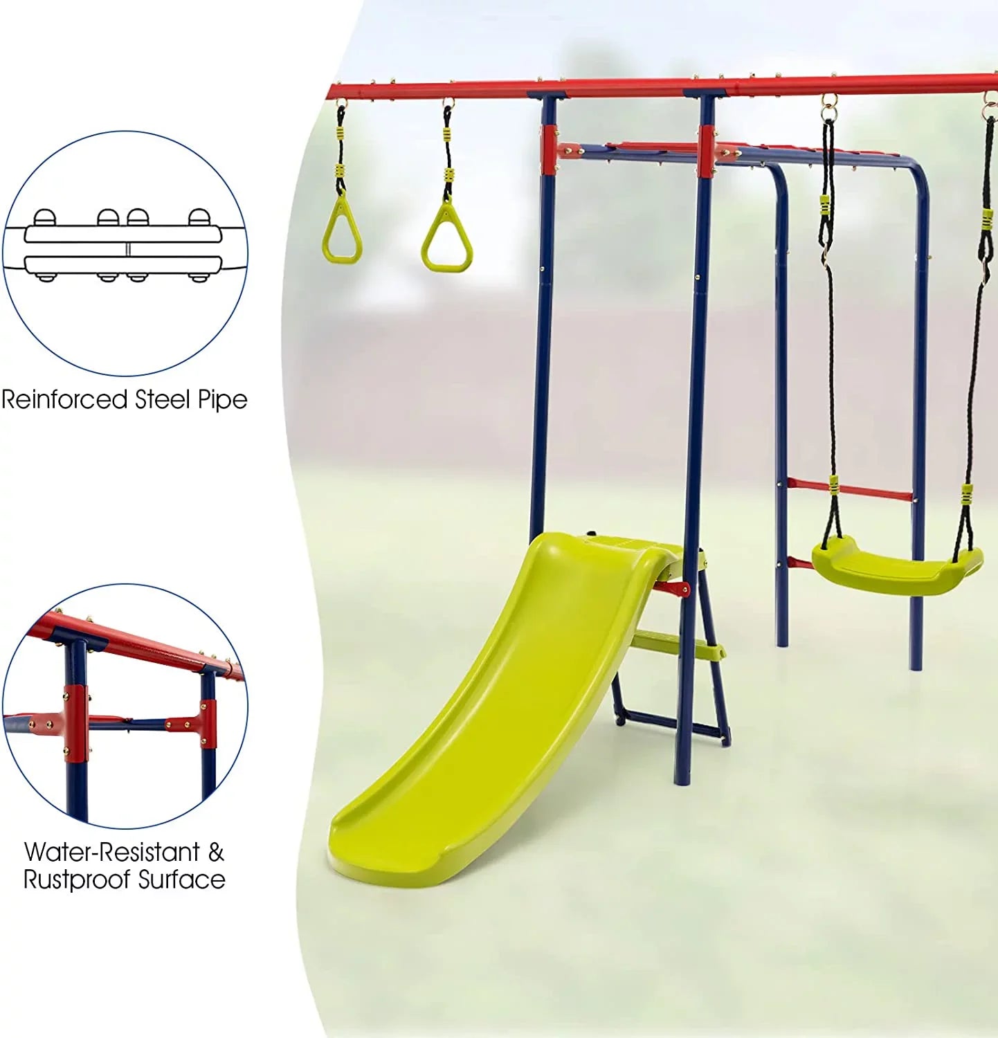 OLAKIDS Swing Sets Backyard, 7 in 1 Outdoor A-Frame Heavy Duty Metal Swing Stand with Monkey Bar Kids, 660LBS Playground Playset with Slide, 2 Swings, Glider, Trapeze Rings, Basketball Hoop