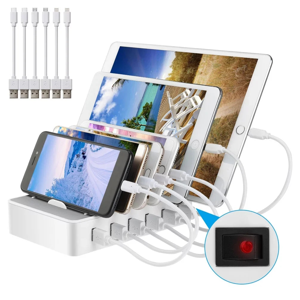 USB Charging Station Multiple Devices - Fast Charging Organizer with 6 USB Ports Dock Cell Phone Apple, Samsung, Android Phone, iPhone