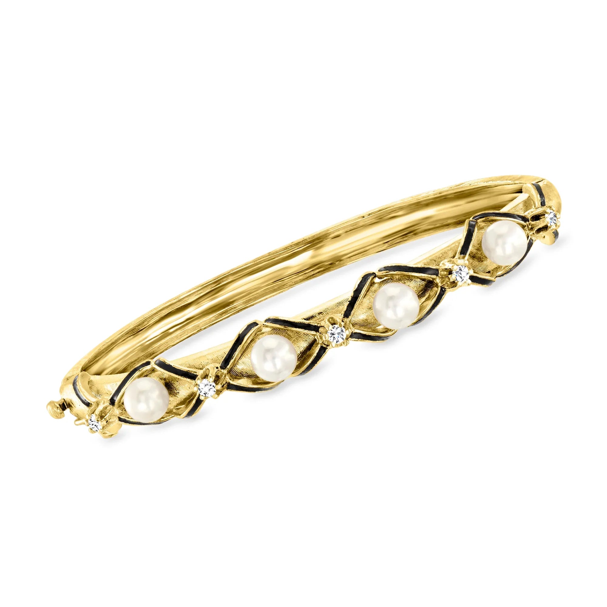 Ross-Simons C. 1970 Vintage 5.5mm Cultured Pearl and .25 ct. t.w. Diamond Bangle Bracelet With Black Enamel in 14kt Yellow Gold, Women's, Adult, Pre-Owned