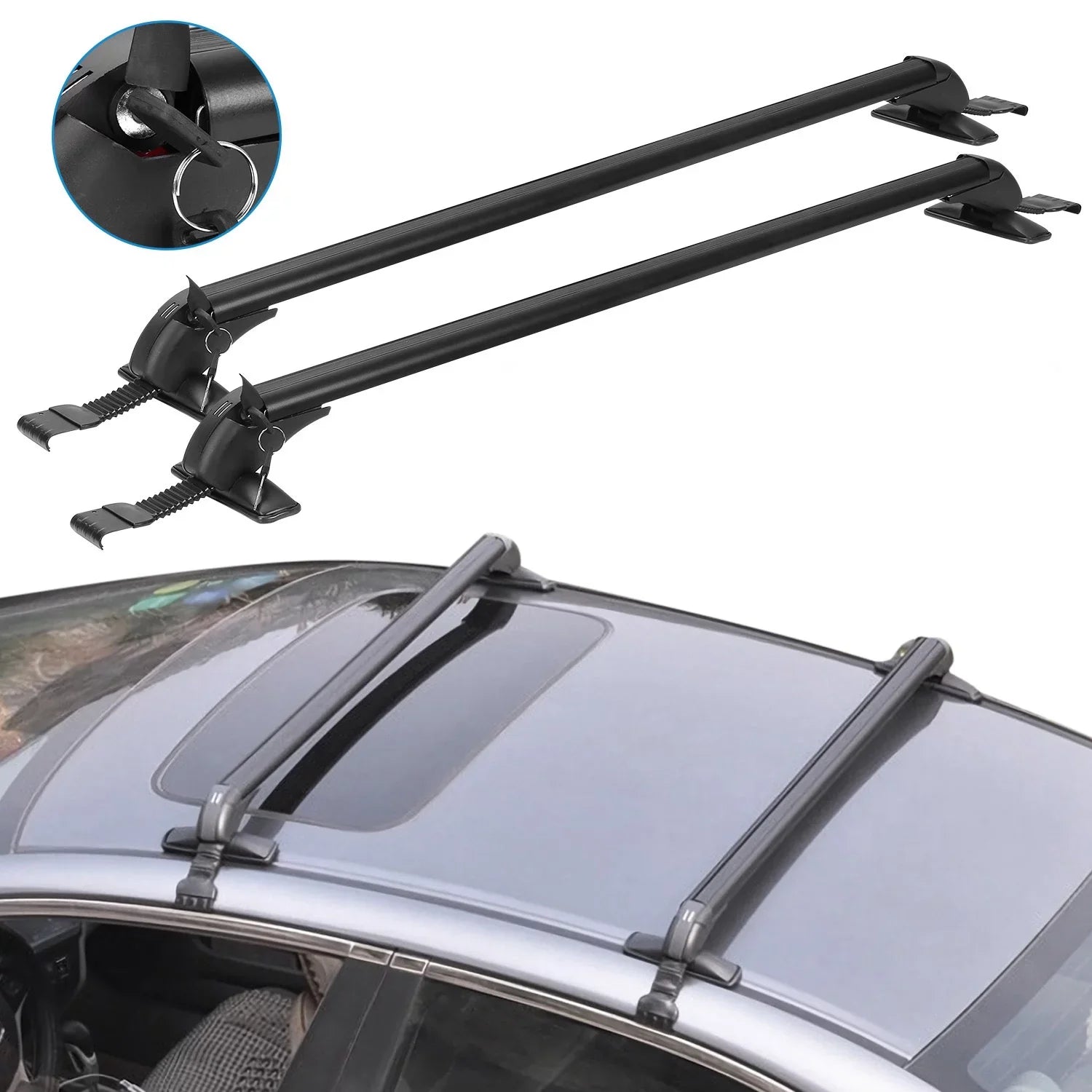 Universal Car Roof Rack Cross Bar, 43in Crossbar with Anti-Theft Lock Adjustable Window Frame Hooks Bike Kayak Cargo Luggage-2 Pieces