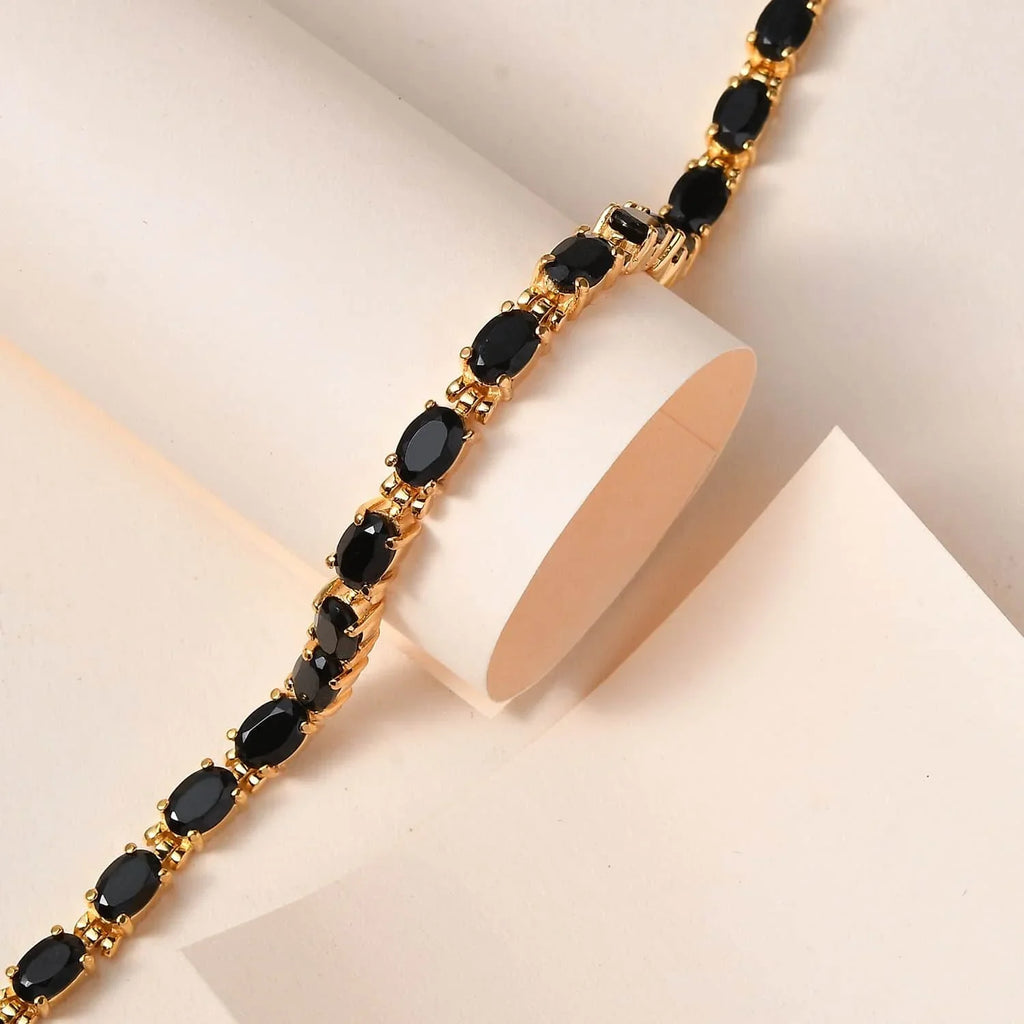 Shop LC Black Spinel Oval Stainless Steel Yellow Gold Ion Plated Bracelet Women Jewelry Size 6.5" Ct 8.49 Birthday Gifts