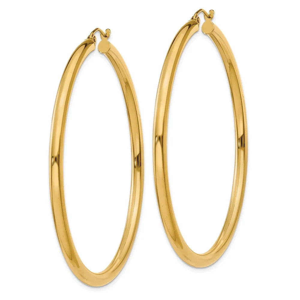 Real 14kt Yellow Gold Polished 3mm Lightweight Tube Hoop Earrings; Adults and Teens; Women and Men