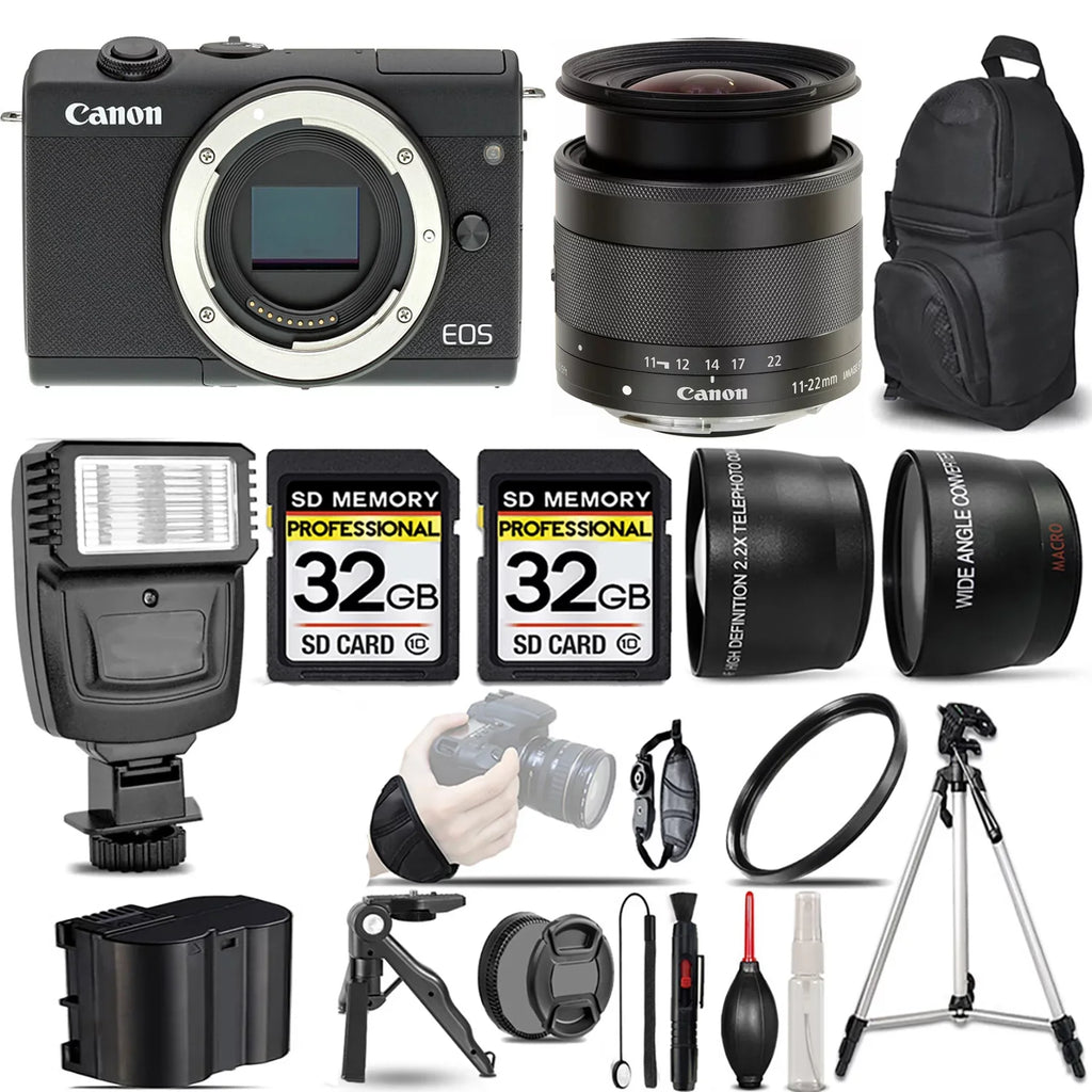 Canon EOS M200 Mirrorless Camera (Black) +11-22mm f/4-5.6 IS STM Lens +Flash +64GB- Kit