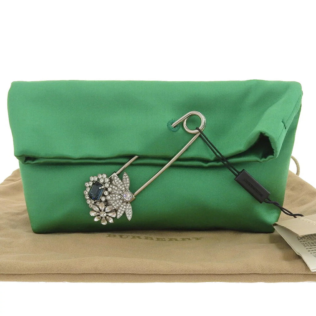 Pre-Owned Burberry BURBERRY pin clutch bag viscose silk rhinestone bijou green (Like New)