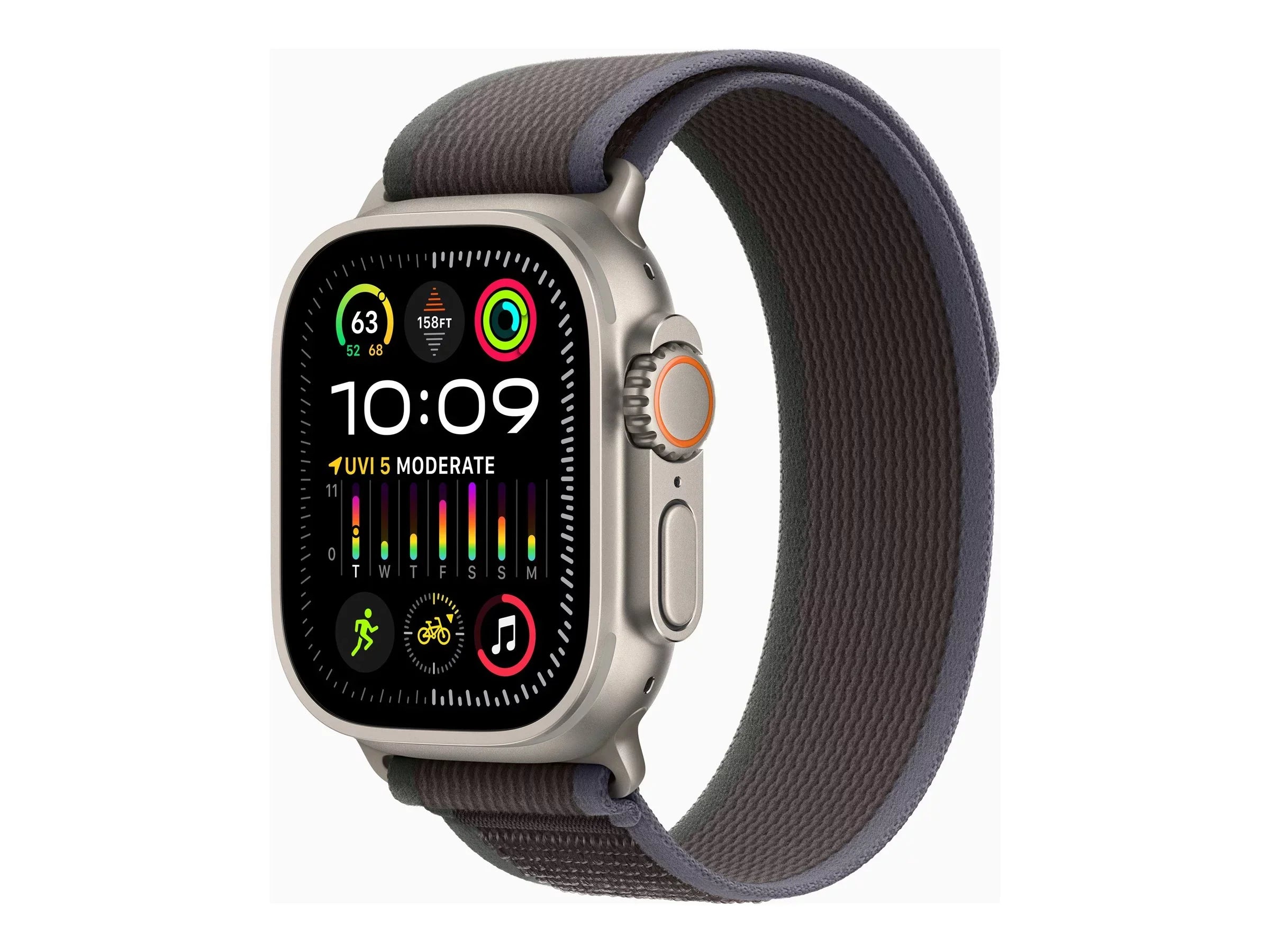 Apple Watch Ultra 2 - 49 mm - titanium - smart watch with Trail Loop - nylon weave - blue/black - band size: M/L - 64 GB - Wi-Fi, LTE, UWB, Bluetooth - 4G - 2.17 oz