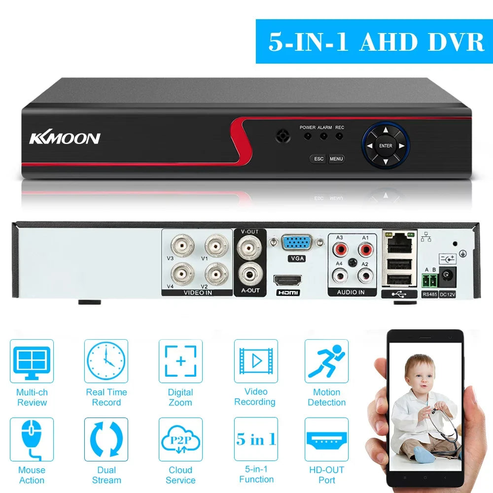 KKmoon 4CH 1080P Full High Definition AHDAnalogTVICVI/ DVR CCTV Digital Video Recorder DVR P2P Remote Phone Monitoring Home office System kit (NO HDD) Plug