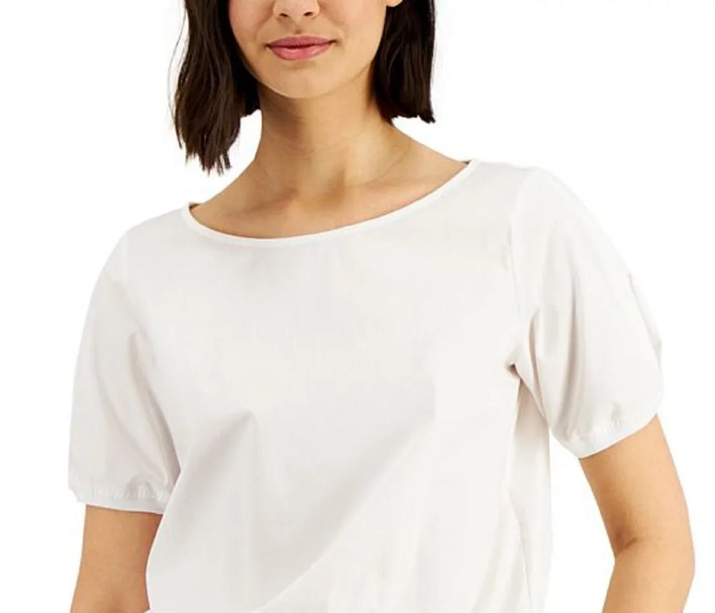 Donna Karan Women's Puff Sleeve Drawstring Top White Size Small