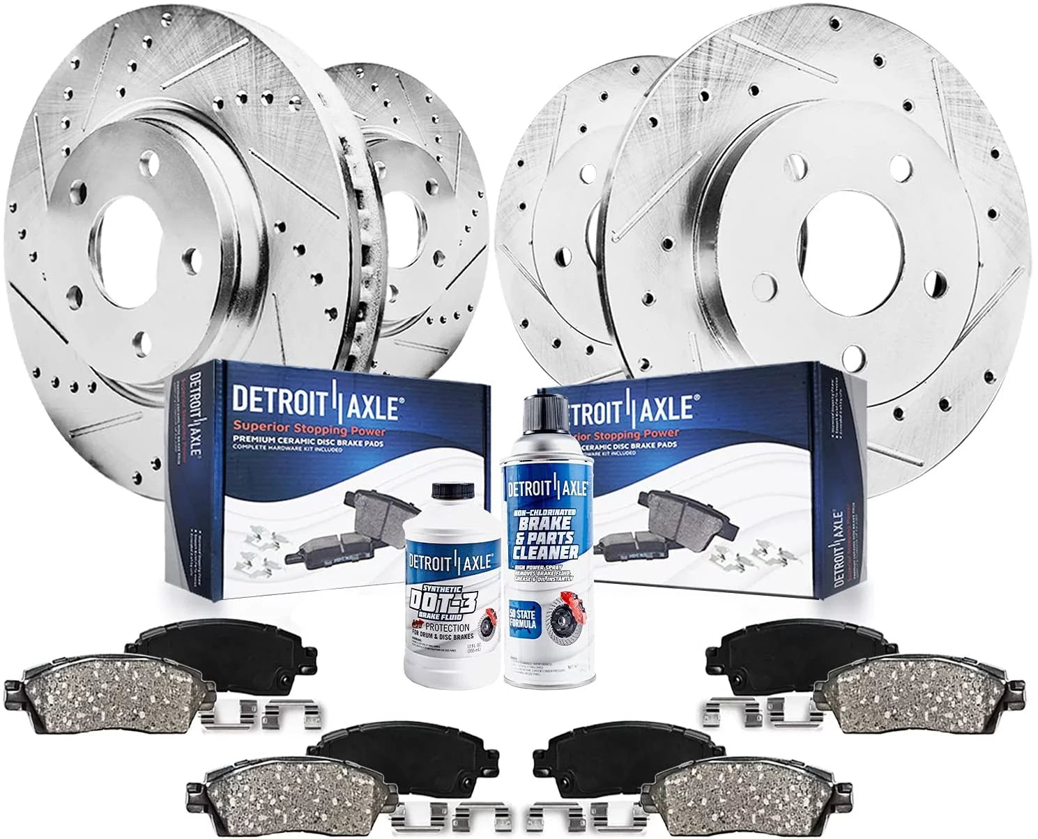Detroit Axle - Brake Kit Chrysler Town & Country Dodge Grand Caravan Journey Ram C/V Routan Drilled & Slotted Brake Rotors Ceramic Brakes Pads Replacement [11.98" Front & 12" Rear Rotors]