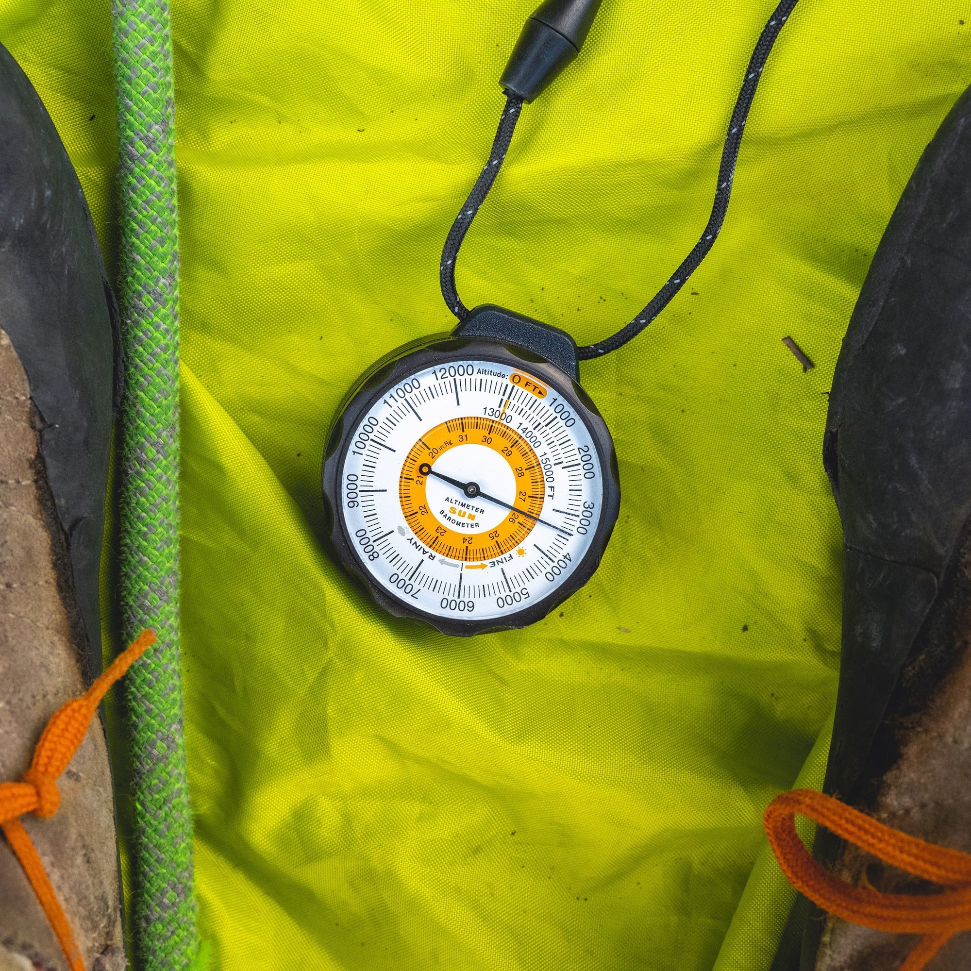 Sun Company Ascent Altimeter - Battery-Free Altimeter and Barometer | -Trend Indicator with Rugged Aluminum Case and Reflective Lanyard | Reads Altitude from 0 to 15,000 Feet
