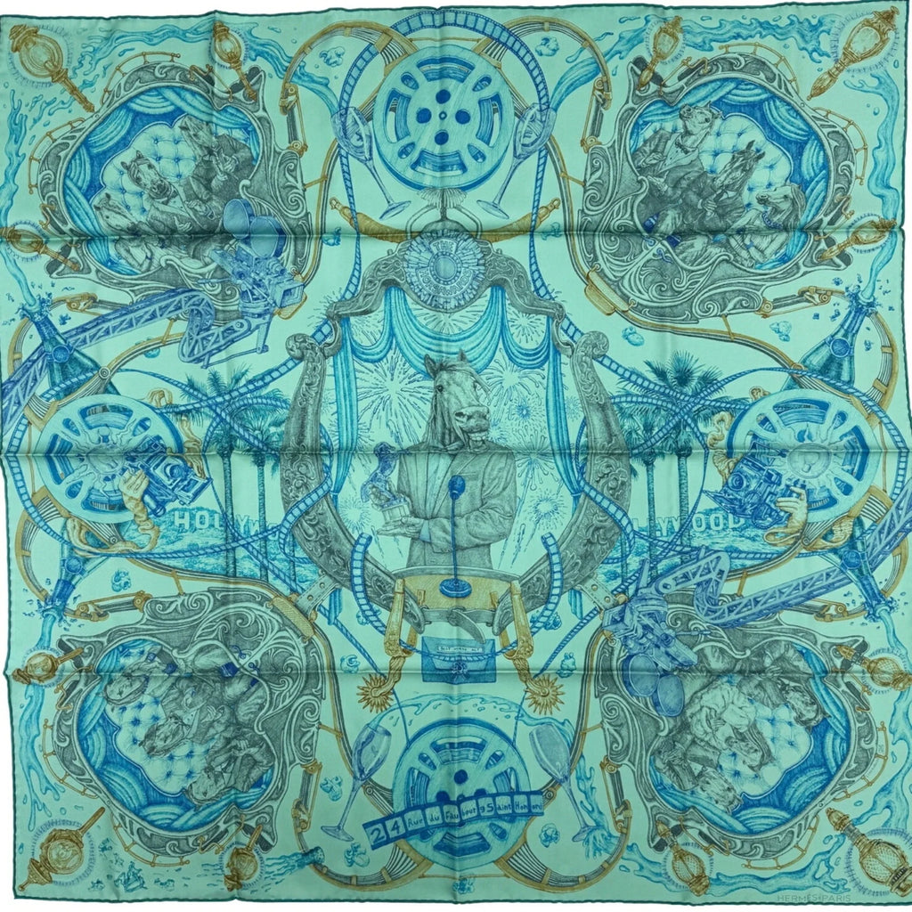 Pre-Owned Hermes HERMES Kare90 The Horsewards Horse Award Silk Green Blue Gray Scarf Large Ladies (Like New)