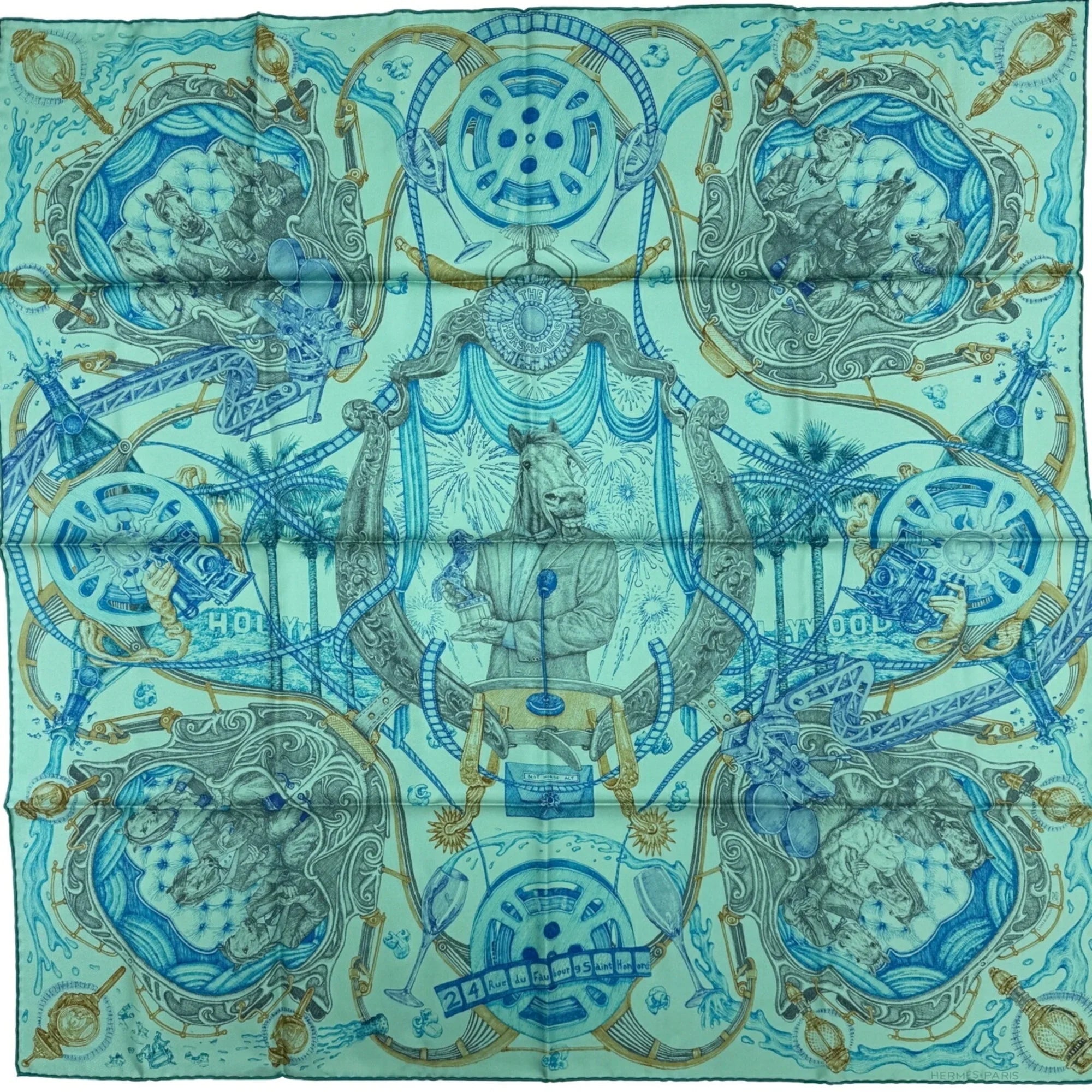Pre-Owned Hermes HERMES Kare90 The Horsewards Horse Award Silk Green Blue Gray Scarf Large Ladies (Like New)