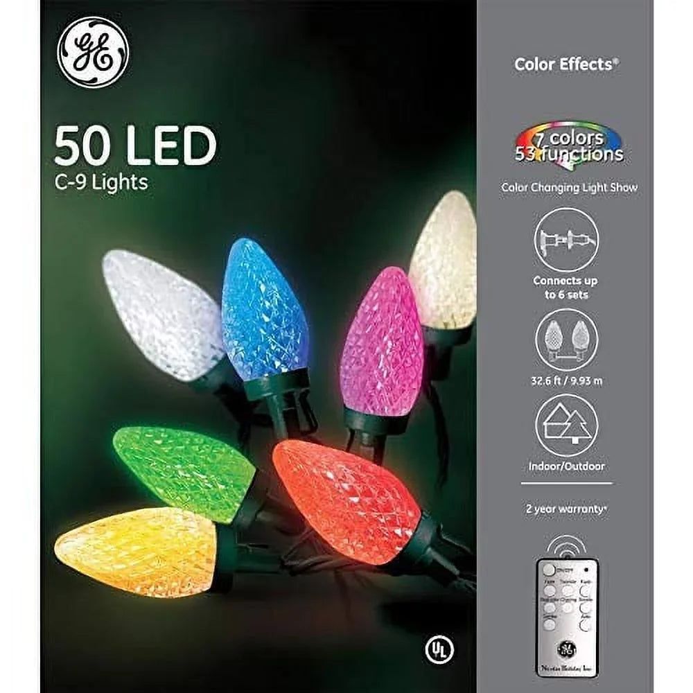 GE Color Effects 50-Count 32.67-ft Multi-Function Color Changing C9 LED Plug-in Indoor/Outdoor Christmas String Lights ENERGY STAR