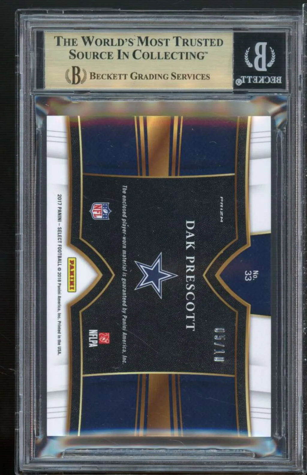 Dak Prescott 2017 Panini Select Swatches Prizms Gold #33 (5/10) (pop 1) BGS 9.5