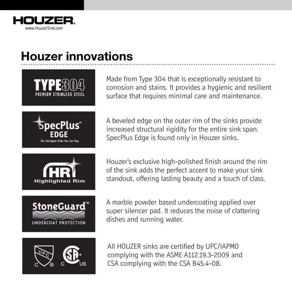 Houzer MEC-3220SR-1 31-1/2" x 17-15/16" x 20-3/16" 31-1/2" x 20-3/16" Stainless Steel Undermount 60/40 Double Bowl Kitchen Sink, Small Bowl Right