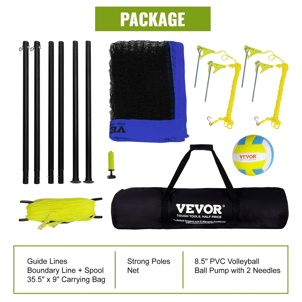 BENTISM 32ft x 3ft Portable Volleyball Net System Adjustable Height Poles with PVC Volleyball, Carrying Bag, Boundary Lines, Steel Poles & Pump Outdoor Sports