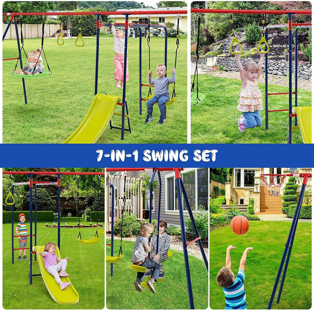 OLAKIDS Swing Sets Backyard, 7 in 1 Outdoor A-Frame Heavy Duty Metal Swing Stand with Monkey Bar Kids, 660LBS Playground Playset with Slide, 2 Swings, Glider, Trapeze Rings, Basketball Hoop