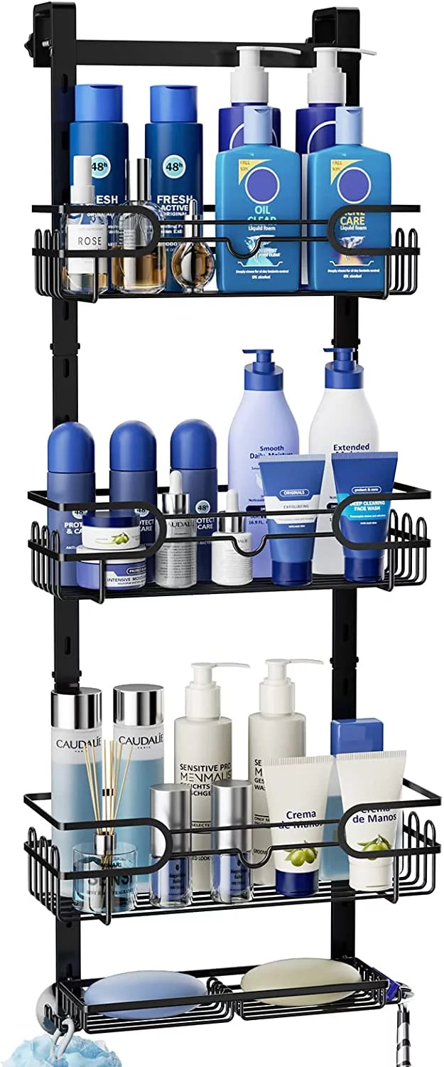 Consumest 4 Tier Over The Door Shower Caddy Shelf with Soap Holder, Adjustable Hanging Shower Organizer with 4 Hooks & 2 Suction Cups, Rustproof Stainless Steel Hanging Shower Caddy Bathroom