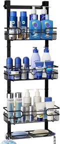 Consumest 4 Tier Over The Door Shower Caddy Shelf with Soap Holder, Adjustable Hanging Shower Organizer with 4 Hooks & 2 Suction Cups, Rustproof Stainless Steel Hanging Shower Caddy Bathroom