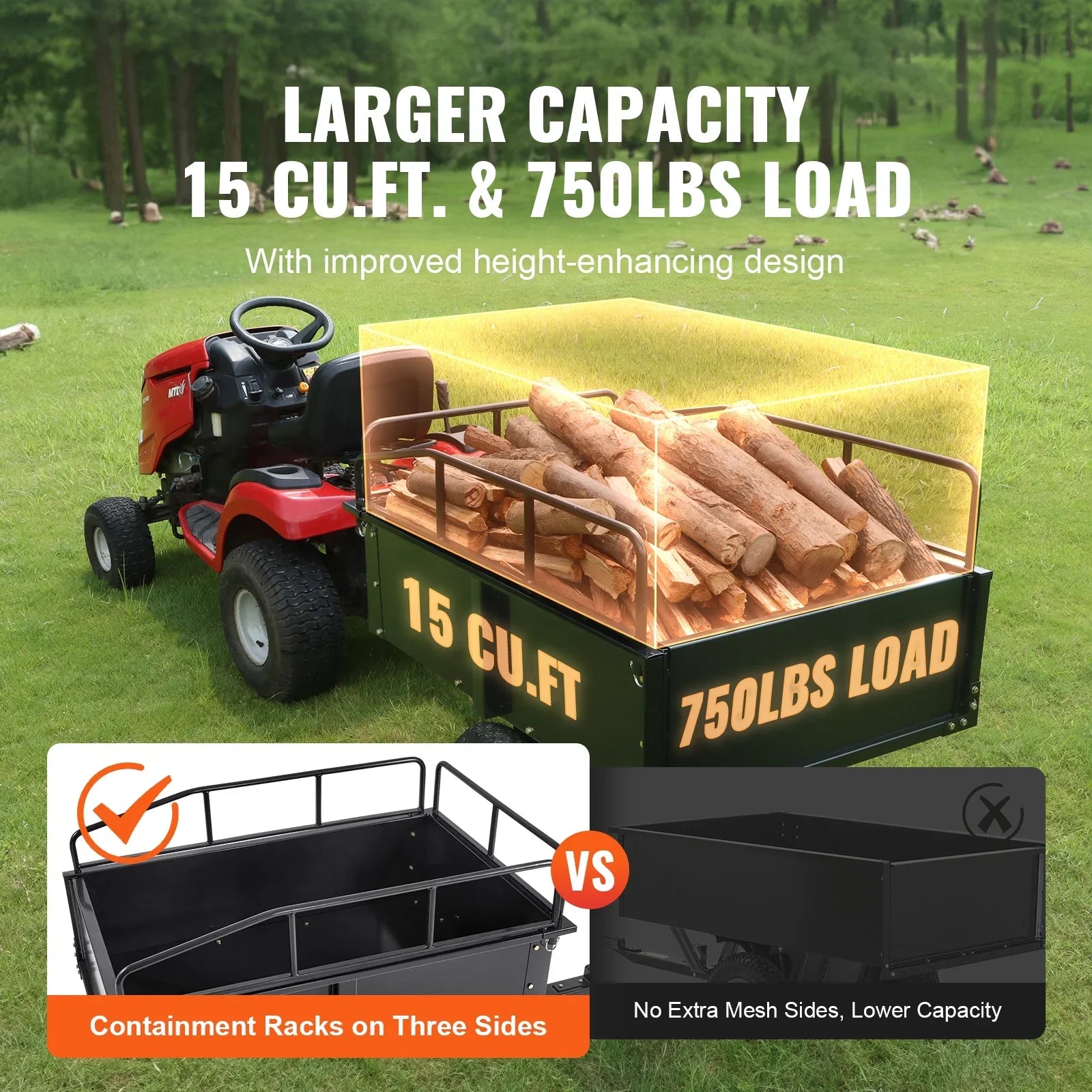 BENTISM Dump Trailer Tow Behind Dump Cart, 750 lbs 15 Cu. Ft, Steel Construction Garden Utility Trailer with Removable Sides