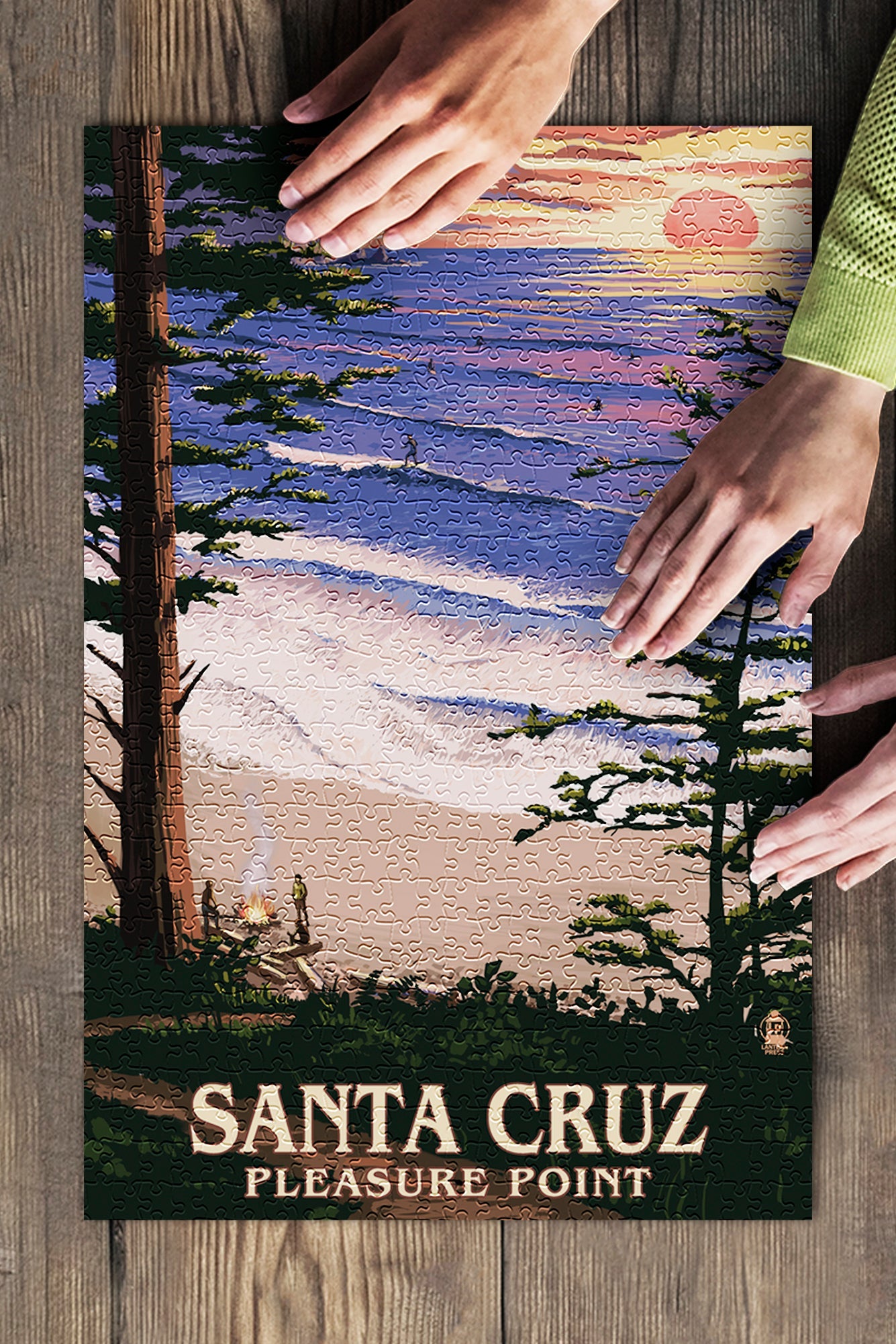 Santa Cruz, Calinia, Pleasure Point Sunset and Surfers (19x27 inches, Premium 500 Piece Jigsaw Puzzle Adults and Family, Made in USA)