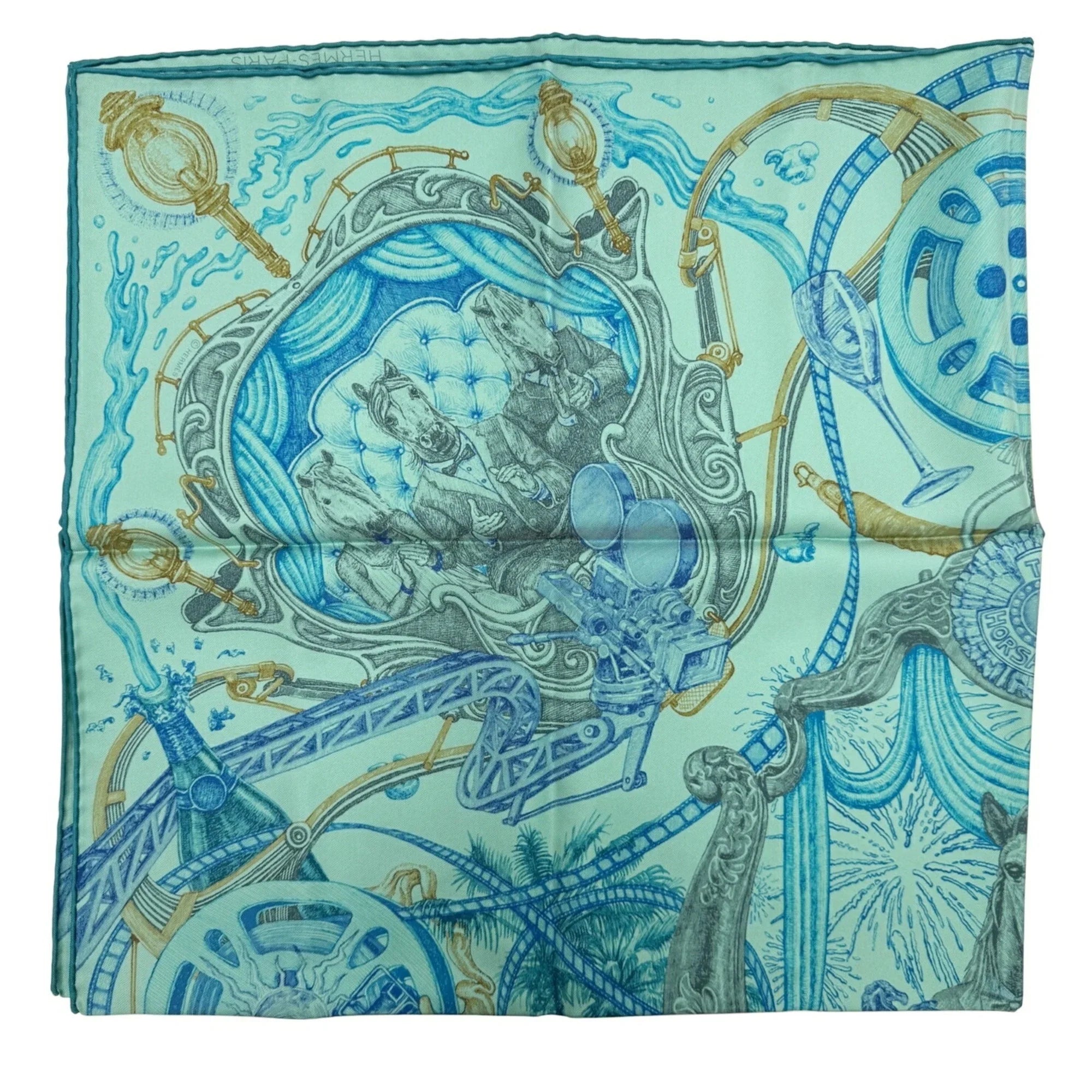 Pre-Owned Hermes HERMES Kare90 The Horsewards Horse Award Silk Green Blue Gray Scarf Large Ladies (Like New)