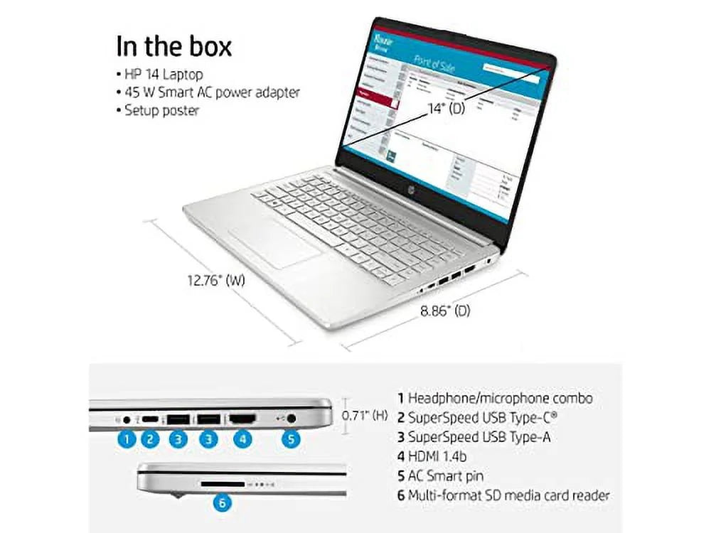 HP 2023 Newest 14 Laptop, 14" Display, Intel Core i5 1135G7 Processor, 32GB RAM, 1TB SSD, Intel Iris Xe Graphics, Bluetooth, Webcam, HDMI, Windows 11 Home, Natural Silver