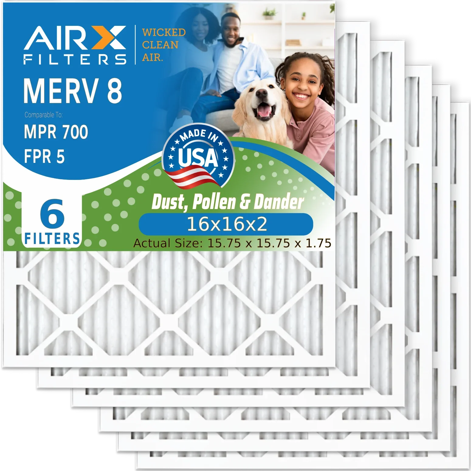16x16x2 Air Filter MERV 8 Comparable to MPR 700 & FPR 5 Electrostatic Pleated Air Conditioner Filter 6 Pack HVAC AC Premium USA Made 16x16x2 Furnace Filters by AIRX FILTERS WICKED CLEAN AIR.