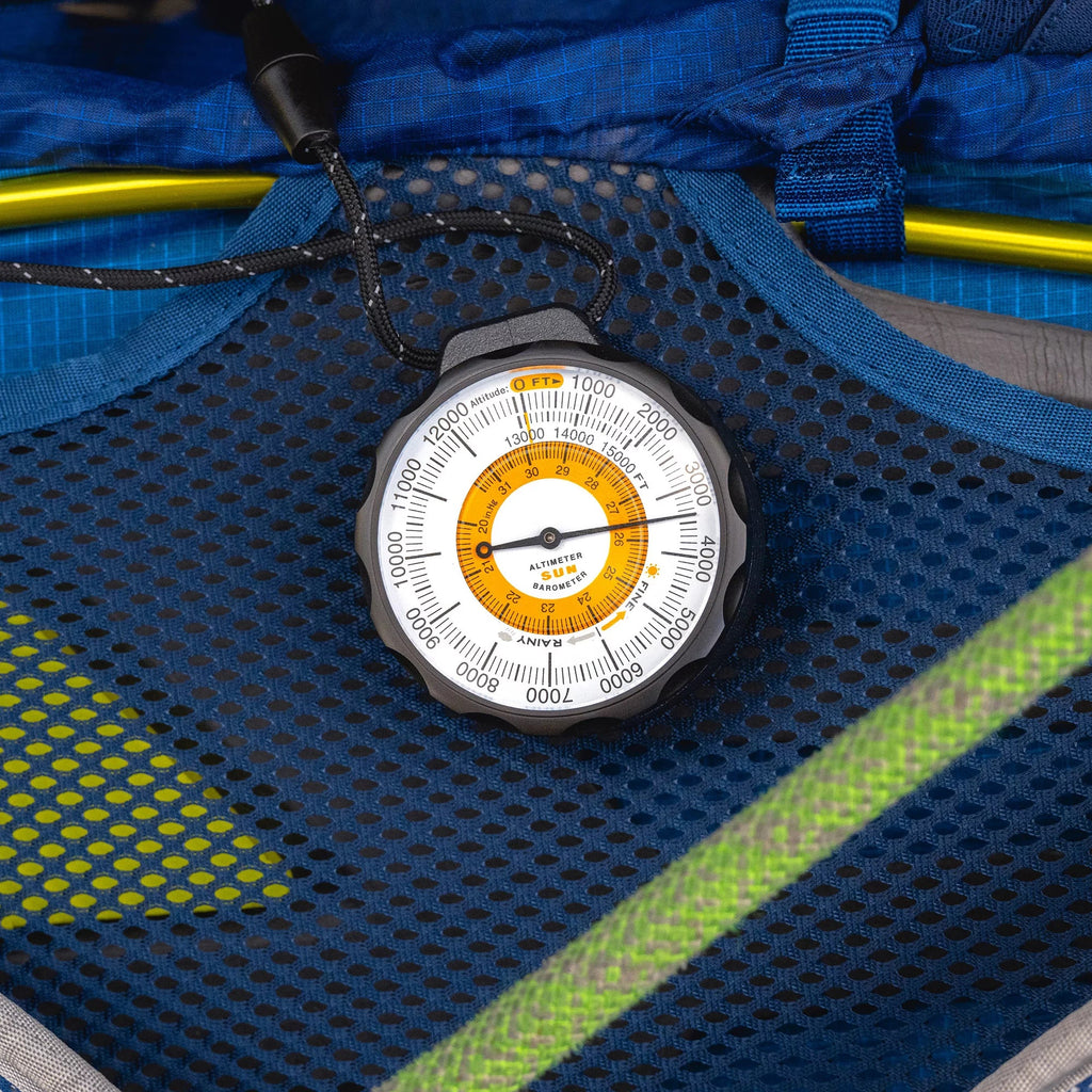 Sun Company Ascent Altimeter - Battery-Free Altimeter and Barometer | -Trend Indicator with Rugged Aluminum Case and Reflective Lanyard | Reads Altitude from 0 to 15,000 Feet