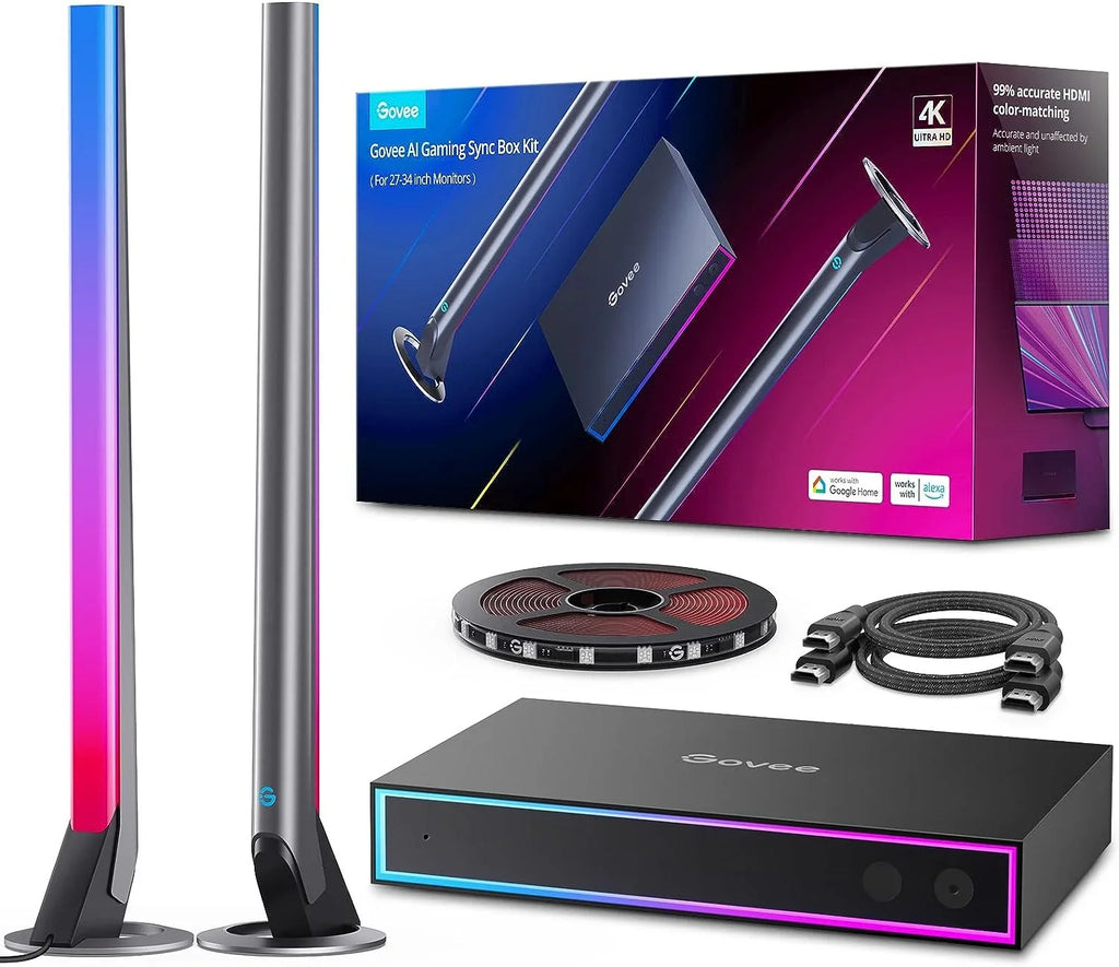 Govee AI Gaming Sync Box Kit, with Light Bars And Monitor Back Light, HDMI2.0 4K Gaming Box, RGBIC LED Light Strip 27-34 inch Monitors, Works with Alexa, Google Assistant, and CEC, 3 HDMI In 1 Out