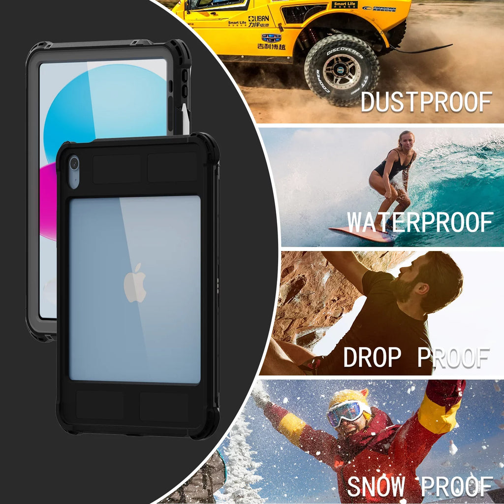 K-Lion Rugged Waterproof Case iPad 10th Genetation 10.9" (2022) IP68 Underwater with Screen Protector Swivel Bracket Kickstand Pencil Holder Carrying Strap Shockproof Dustproof Protective Case