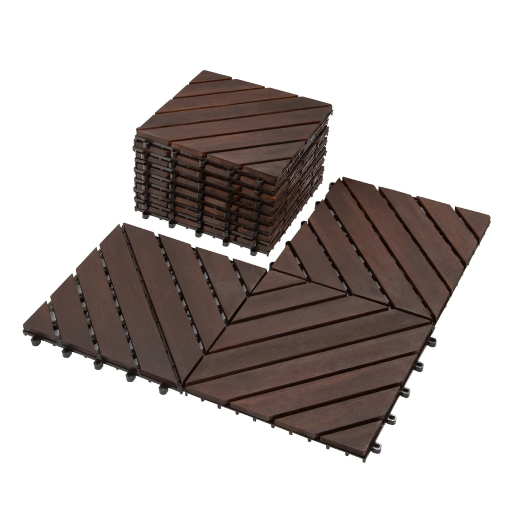 Interlocking Deck Tiles 12"x12"x0.94'' Dark Brown Acacia Wood 8 slant slats Patio Decor Flooring Tiles -Acacia Wood Interlocking Floor Tile -Interlocking Wood Flooring Squares Tile
