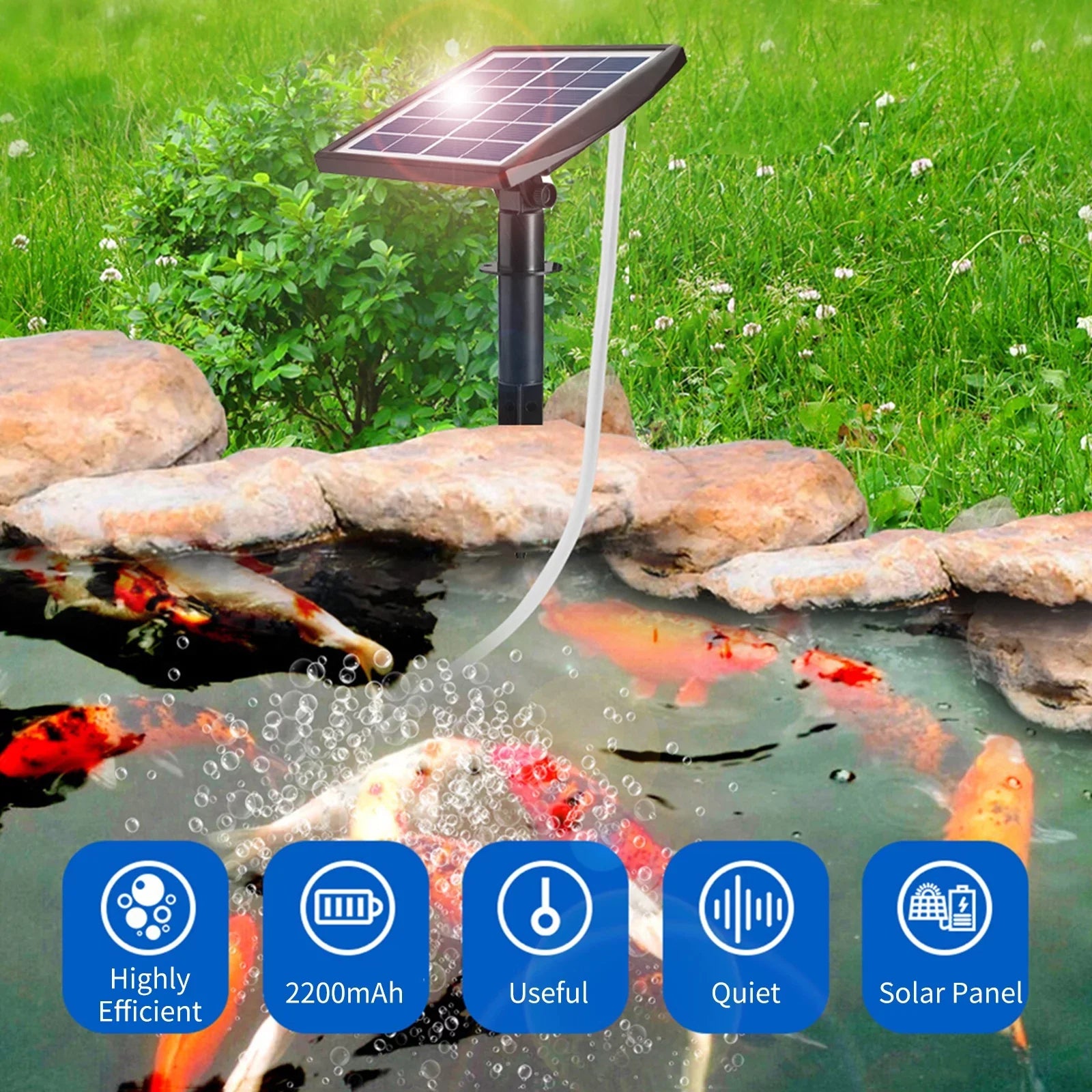 moobody 6V 2W Plug-in Solar Oxygen Pump with 8.2ft Pipe 2 Air Bubble Stones Fish Oxygenator Aquarium Oxygen Aerator Air Pump Fishing Aerator Garden Fish Pool Pond
