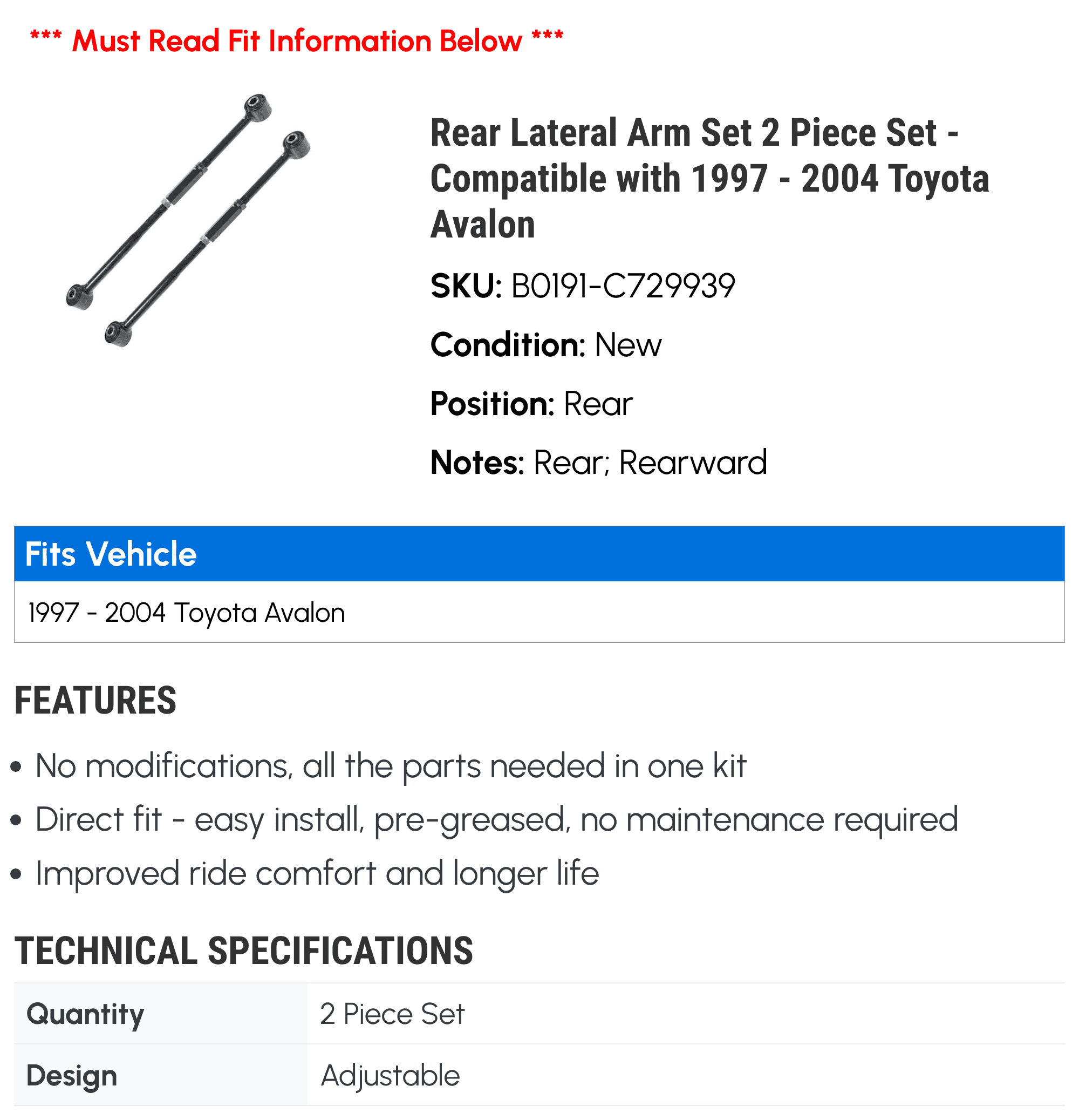 Rear Lateral Arm Set 2 Piece Set - with 1997 - 2004 Toyota Avalon 1998 1999 2000 2001 2002 2003