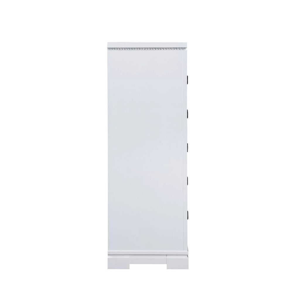 Benjara Axl 52 Inch 5 Drawer Tall Dresser, Mirror Trim, Crystal Accent, White Wood