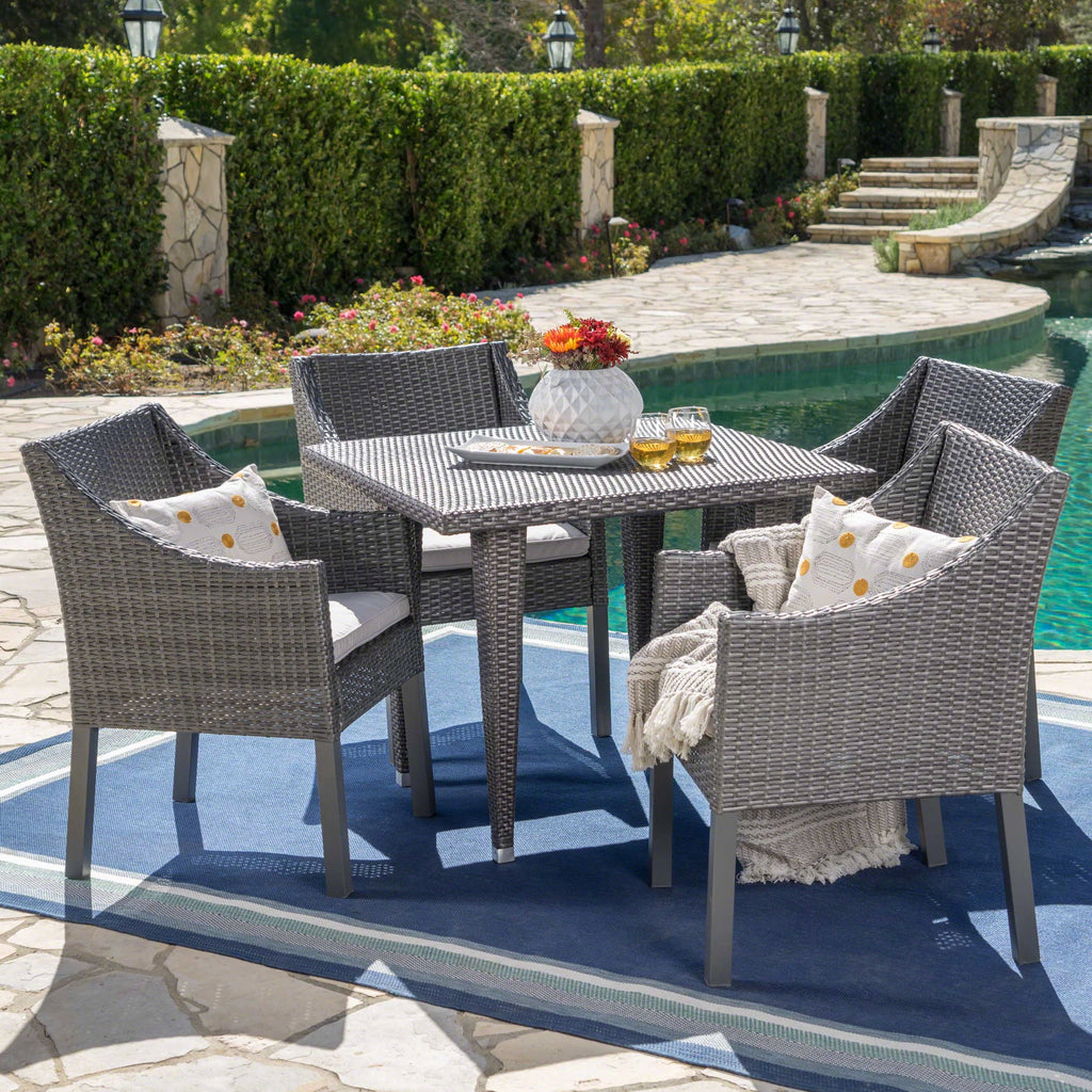 Arcadia Outdoor 5 Piece Wicker Square Dining Set with Cushions, Grey, Silver