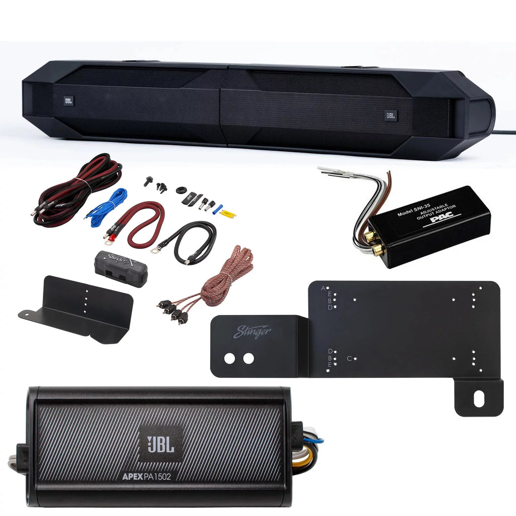 JBL JBLBB4005D - 5-Door Passive Sound Bar with Bronco with JBL Apex PA 1502 2 Channel Marine & Powersport Amplifier - 150 x 2 At 2-Ohms and Bronco Install Accessories