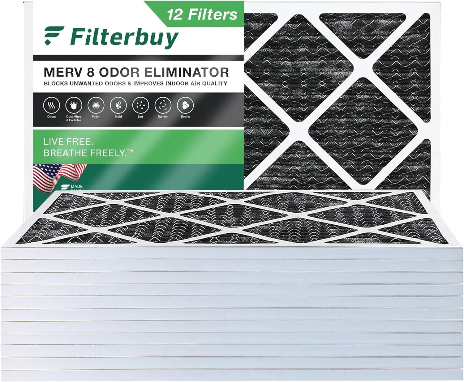 Filterbuy 16x30x1 MERV 8 Odor Eliminator Pleated HVAC AC Furnace Air Filters with Activated Carbon (12-Pack)