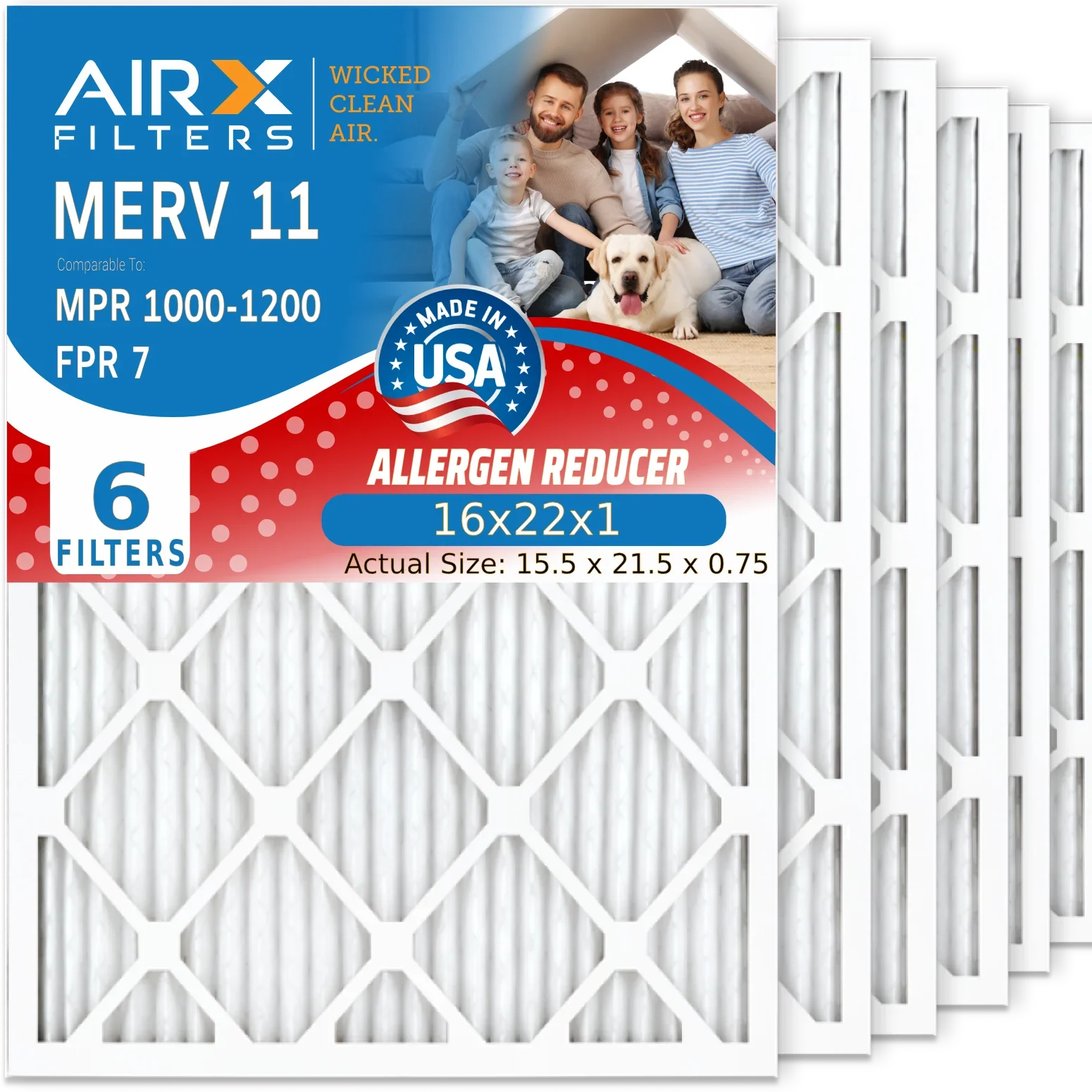 16x22x1 Air Filter MERV 11 Comparable to MPR 1000, MPR 1200 & FPR 7 Electrostatic Pleated Air Conditioner Filter 6 Pack HVAC Premium USA Made 16x22x1 Furnace Filters by AIRX FILTERS WICKED CLEAN AIR.